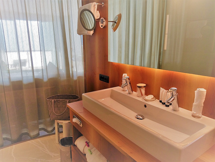 Hotel Hohenwart: Unser Bad verfügt über eine Dusche mit Platz für zwei Personen und ist mit einer großen, mit leichten Vorhängen versehenen Glasfront ausgestattet