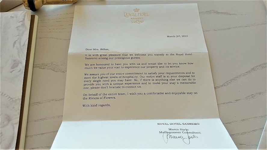 Royal Hotel Sanremo: Freundliches Willkommensschreiben der Hoteldirektion